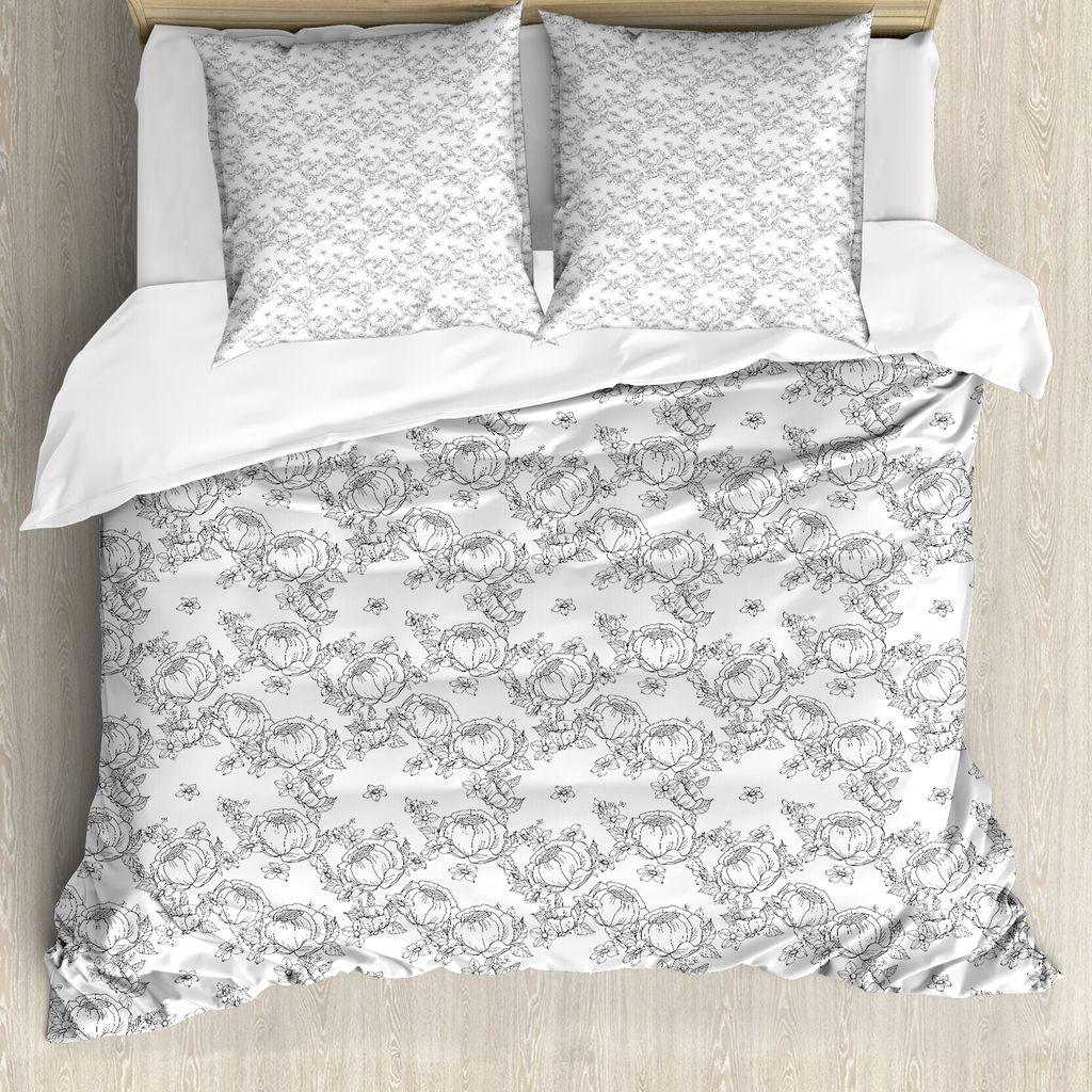 ABAKUHAUS Blumen Bettbezug Set für Einzelbetten, Peony Blumen Skizze-Kunst, Milbensicher Allergiker geeignet mit Kissenbezug, 155 cm x 220 cm - 80...