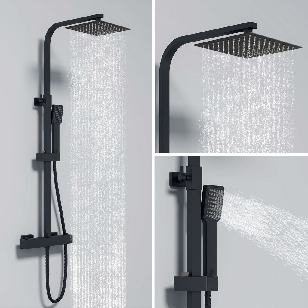 Duschsystem mit Thermostat 38°C Duscharmatur Schwarz Regendusche Duschset Dusche inkl. Regal verstellbarer Edelstahl Duschstange Duschset