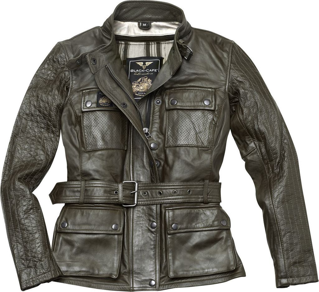 Black-Cafe London Madrid Damen Motorrad Lederjacke, dunkelgrün, M