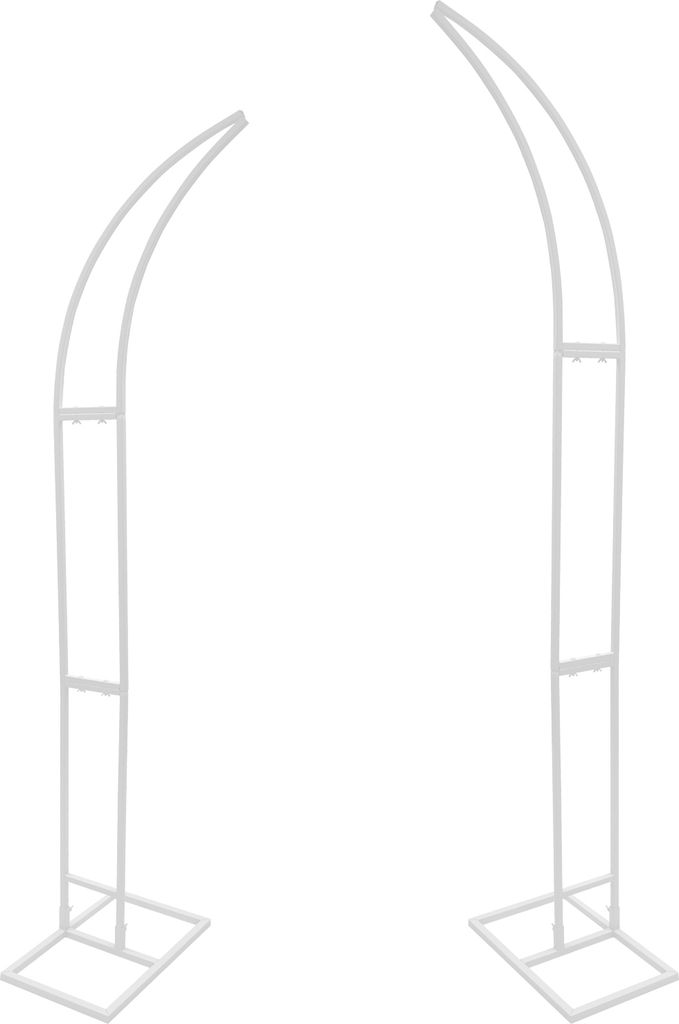 Two white metal wedding arches are shown against a white background.