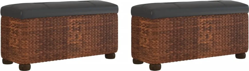 Banc Coffre de Rangement en Roseau Marron avec Coussin d'Assise - 2 Pcs