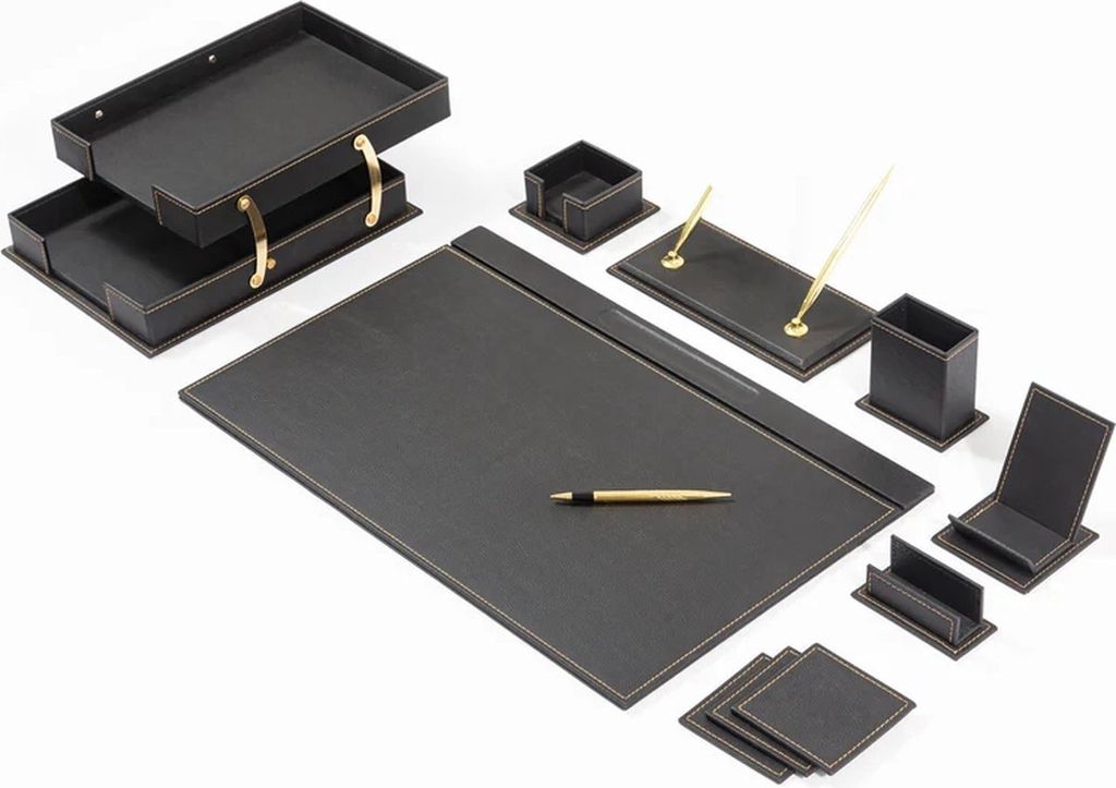 Lederschreibtisch-Set - SCHWARZ - Schreibtisch-Accessoires-Set - 12 Accessoires - Büro-Schreibtisch-Organizer-Set - handgefertigtes Lederschreibti...
