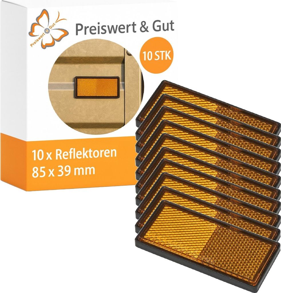 10x Anhänger Reflektoren Orange Set 85x39mm E4 – Rechteckige Seitenreflektoren Klebeseite Rückstrahler für LKW Wohnwagen