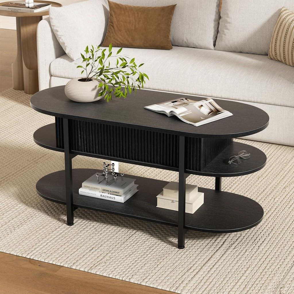 FABATO Couchtisch oval, höhenverstellbar mit verstecktem Stauraum, 3-Etagen-Design in Schwarz