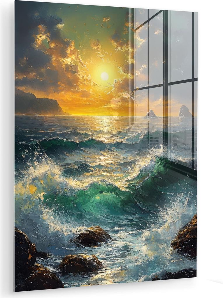 MuchoWow Glasbilder - Bilder auf Wandbild - Foto auf Glas Meer - Sonne - Wellen - Felsen 30x40 cm Wanddekoration aus Glas - Acrylglasbild - Acrylbi...