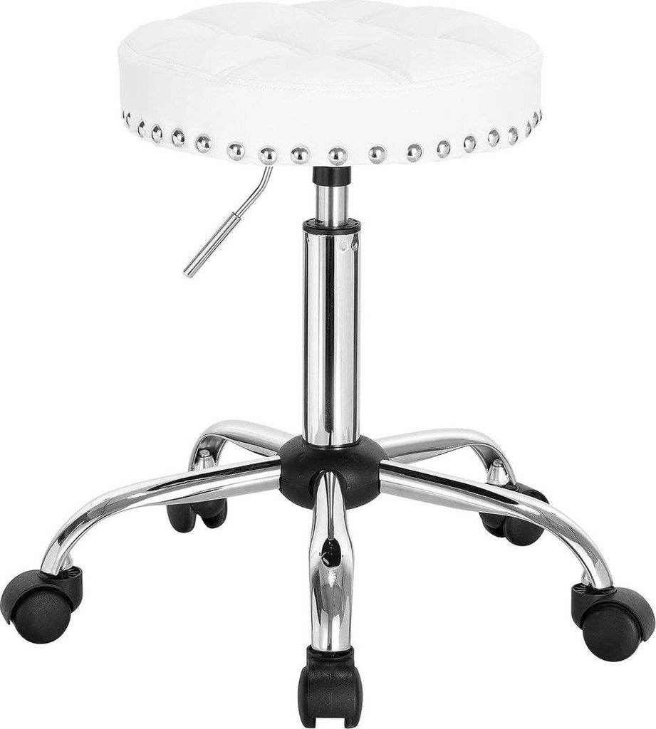 Happyment Ergonomischer Sattelhocker London – Höhenverstellbar – Auf Rollen – Barmhocker / Arbeitsstuhl – Kunstleder – Weiß