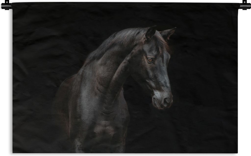 MuchoWow Wandteppich Wandbehang Pferd - Tiere - Schwarz - Porträt 90x60 cm Tapisserie Dekoration Wandtuch - Wandskulpturen - Bildteppich