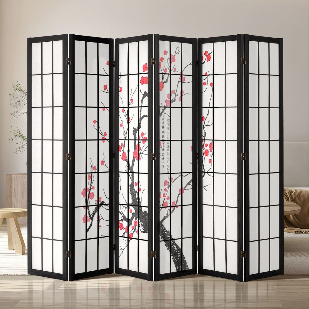 A six-panel folding room divider with a Japanese-inspired design, featuring a black frame and panels decorated with a painting of a cherry blossom tree.