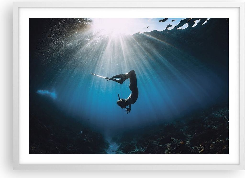 Gerahmtes Poster - Weißer Rahmen - Flossen Boden Taucher - 70x50 cm - Wand Bild - Wanddeko - Wandbilder - Kunstposter - Wandposter - Bilderrahmen ...