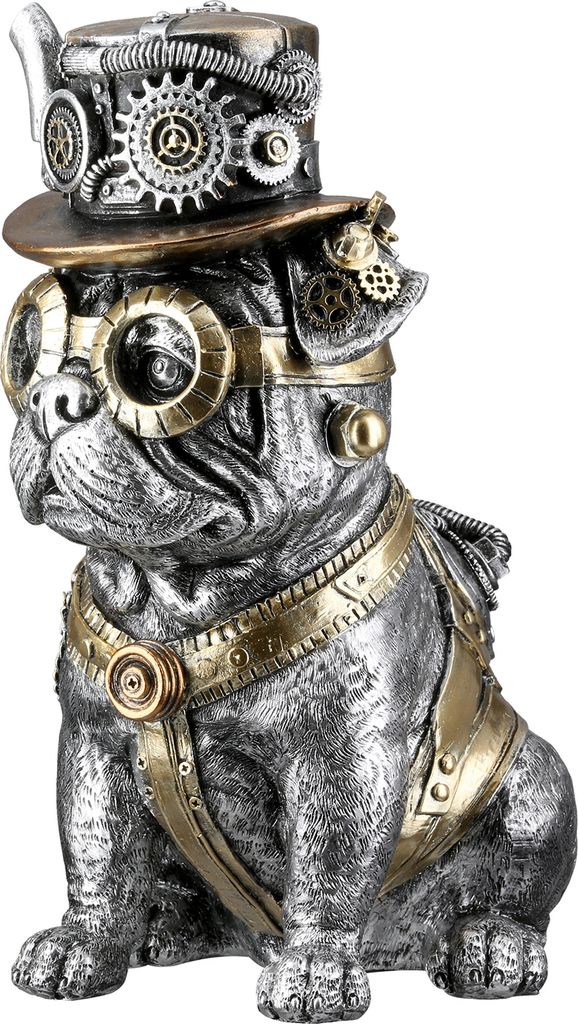A steampunk-themed decorative figurine of a pug wearing a hat and goggles.