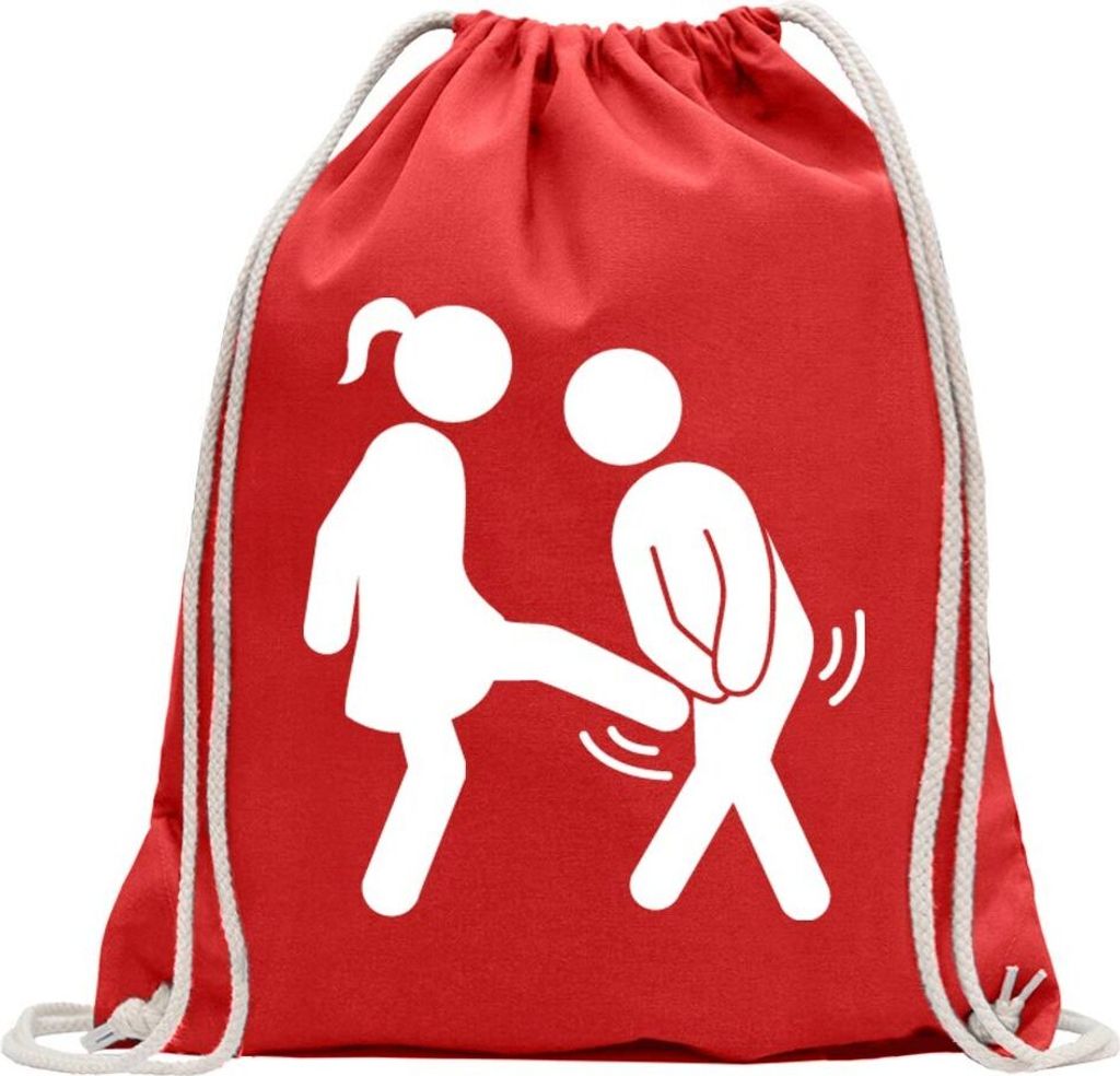 Kiwistar - Turnbeutel - rot - Frau vs. Mann - Fun Rucksack Sport Beutel Gymsack Baumwolle mit Ziehgurt
