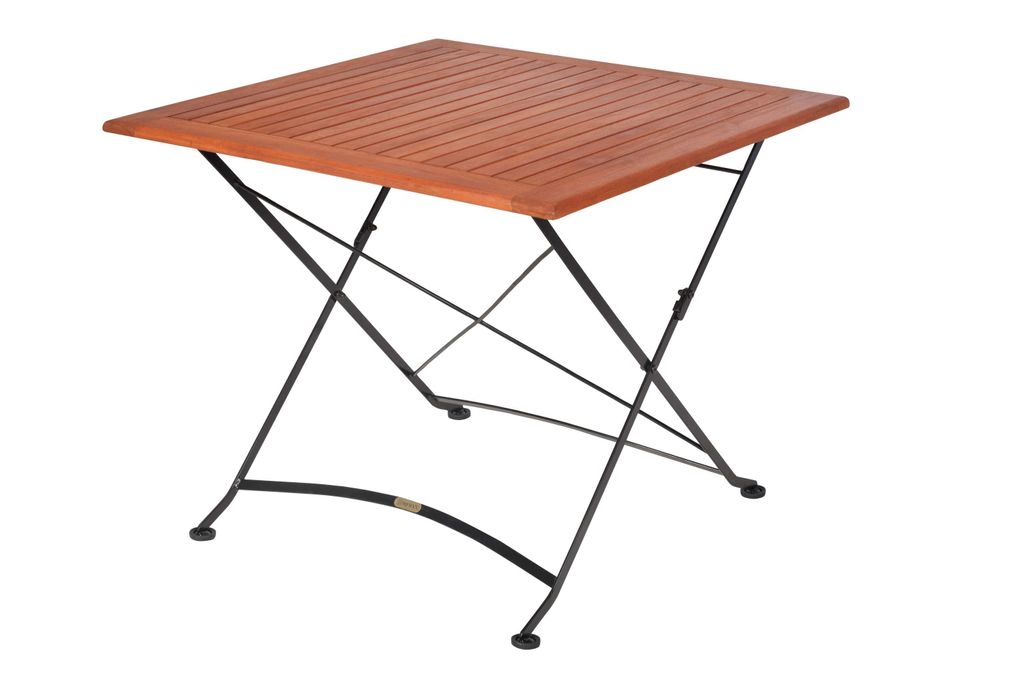 A square wooden table with black metal folding legs, shown on a white background.