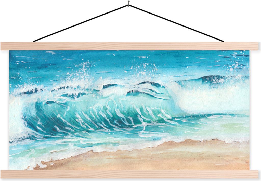 MuchoWow Textilposter Strand - Golf - Meer 60x30 cm mit holzfarbenen Rahmen - Dekoration