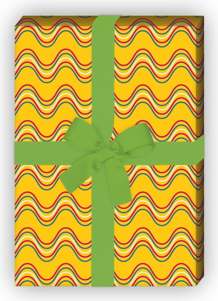 Modernes Streifen Geschenkpapier Set mit bunten Wellen Linien, gelb - G8552, 32 x 48cm