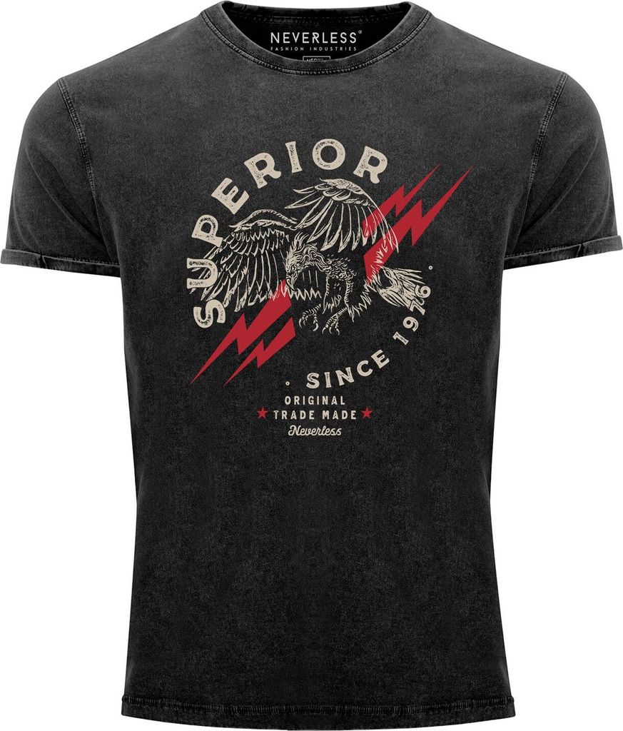Neverless Herren T-Shirt Vintage Shirt Printshirt Superior Eagle Since 1976 Aufdruck Adler Print Used Look Slim Fit schwarz L