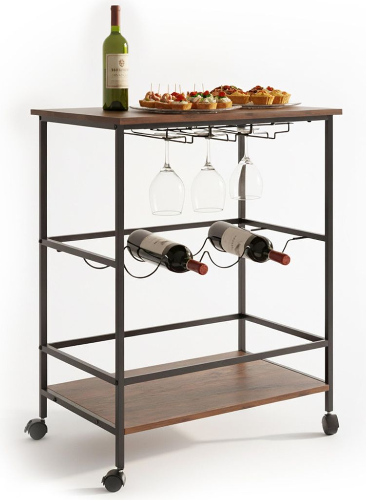 Relaxdays Servierwagen, 2 Ablagen, Weinflaschenhalter, Weinglashalter, HxBxT: 82 x 60 x 45 cm, Barwagen, braun/schwarz