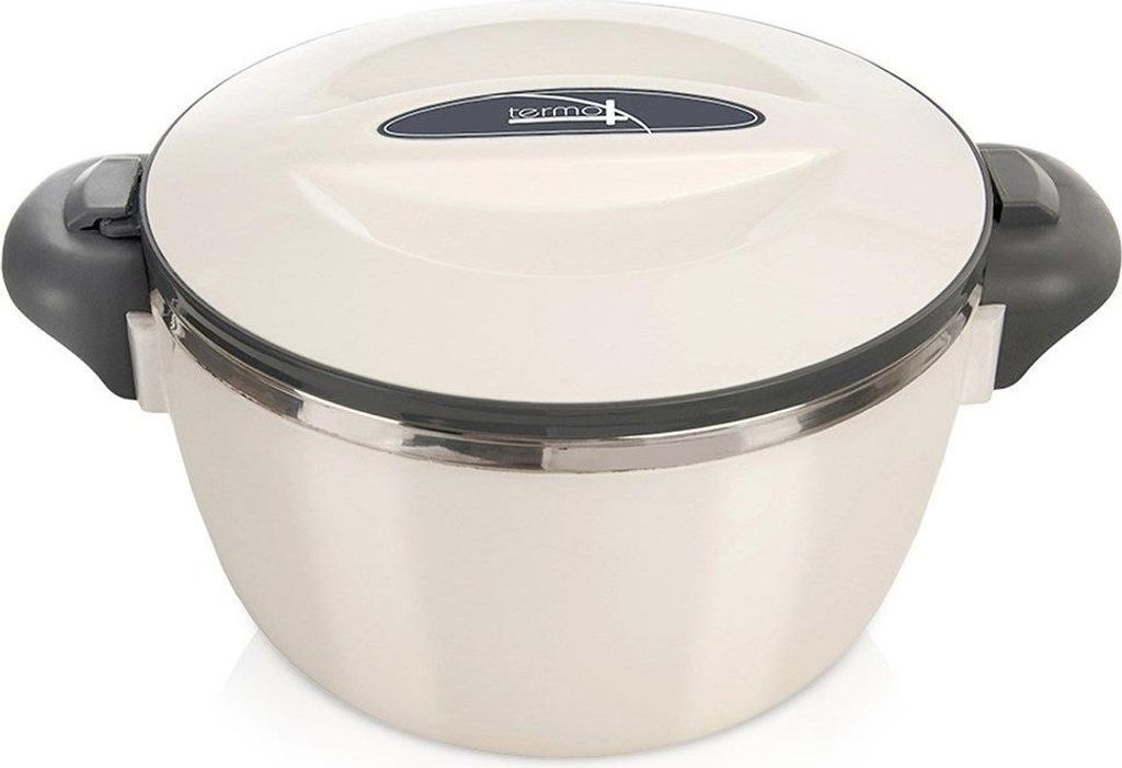 A cream-colored insulated serving bowl with gray handles and a silver rim, shown from a front-facing angle against a white background.