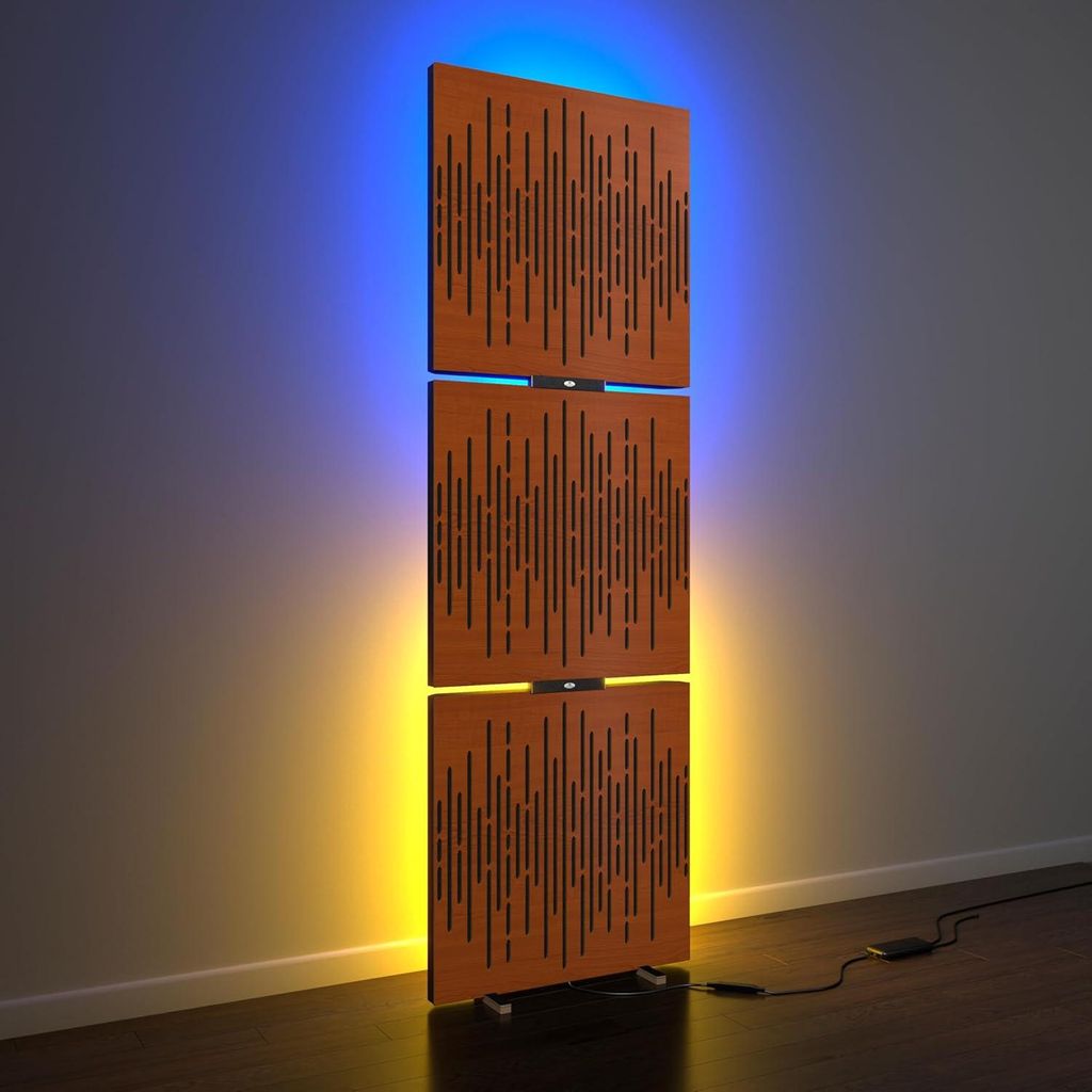3er-Pack – Akustikpaneele „WAVE” mit Stehleuchte RGB-Licht | Mobiler LED-Akustikständer mit Hintergrundbeleuchtung | 150x50x5cm|Kirschbaum