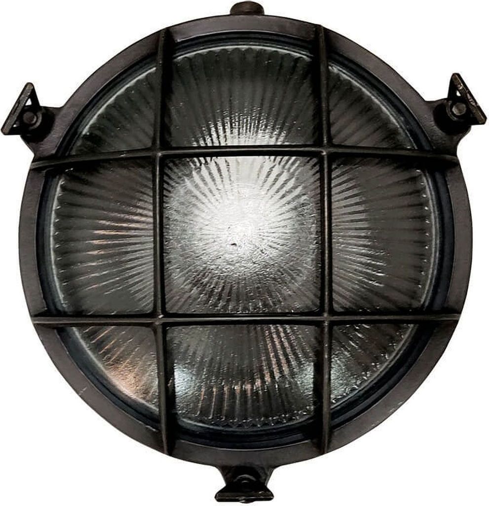 Außenwandlampe Messing Glas E14 IP64 rund D: 18 cm Schwarz Antik Maritim Außenleuchte Wand