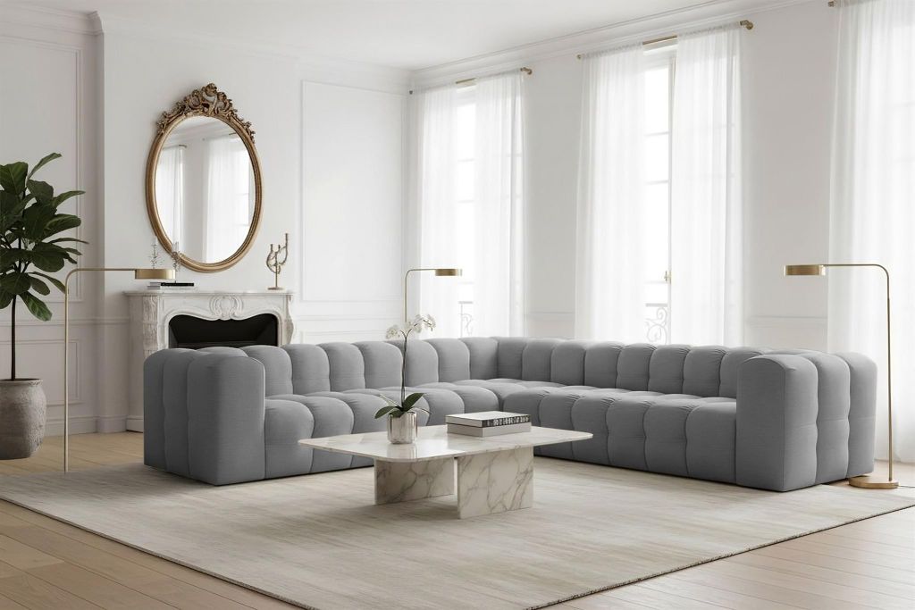 Ecksofa Designersofa SOLVIE in Stoff Tiffani Grau Seite Universal