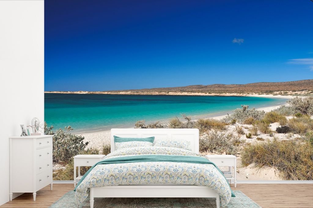 MuchoWow Fototapete für Wohnzimmer oder Schlafzimmer Wandtapete Vinyl Motivtapete Perlweißer Strand und blaues Wasser an der Ningaloo Coast - 3...
