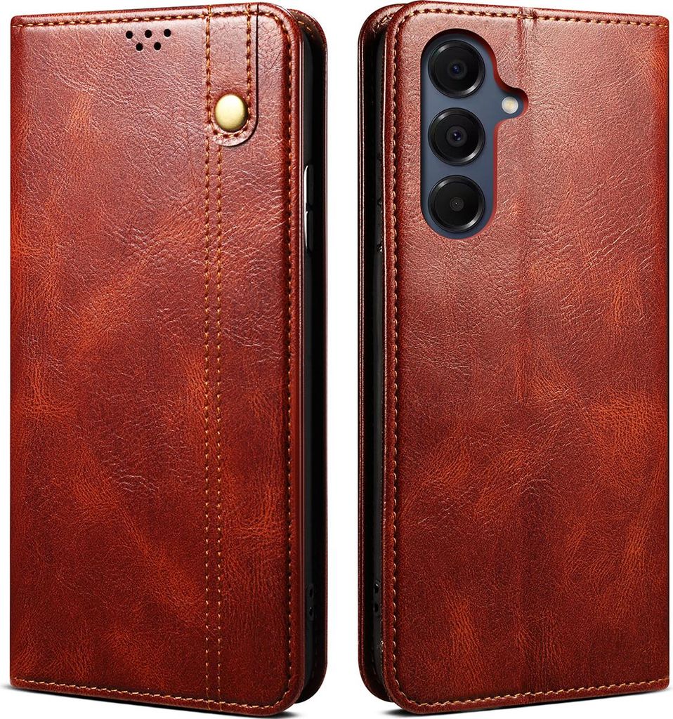 A brown leather flip case for a smartphone is shown from two angles.