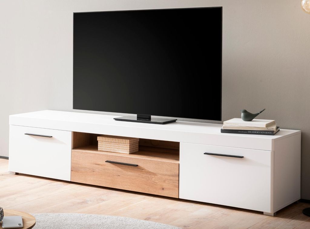 TV-Lowboard "Lavell" in weiß matt und Evoke Eiche TV Unterteil 205 cm, Soft-Close-Funktion und inklusive Beleuchtung