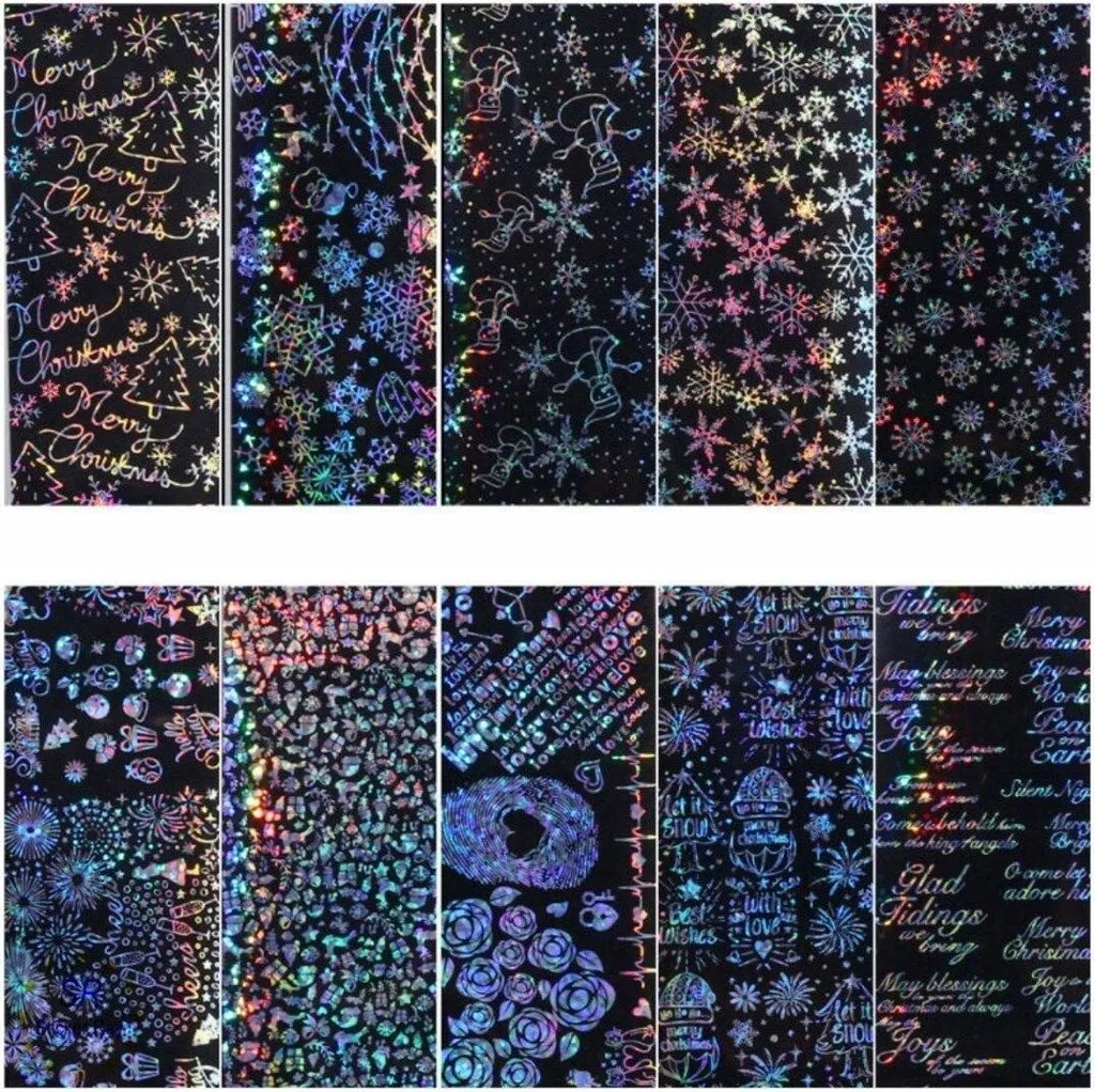 Set 10 Foil Unghie Natale Fiocchi di Neve Olografico per Manicure Fai Da Te