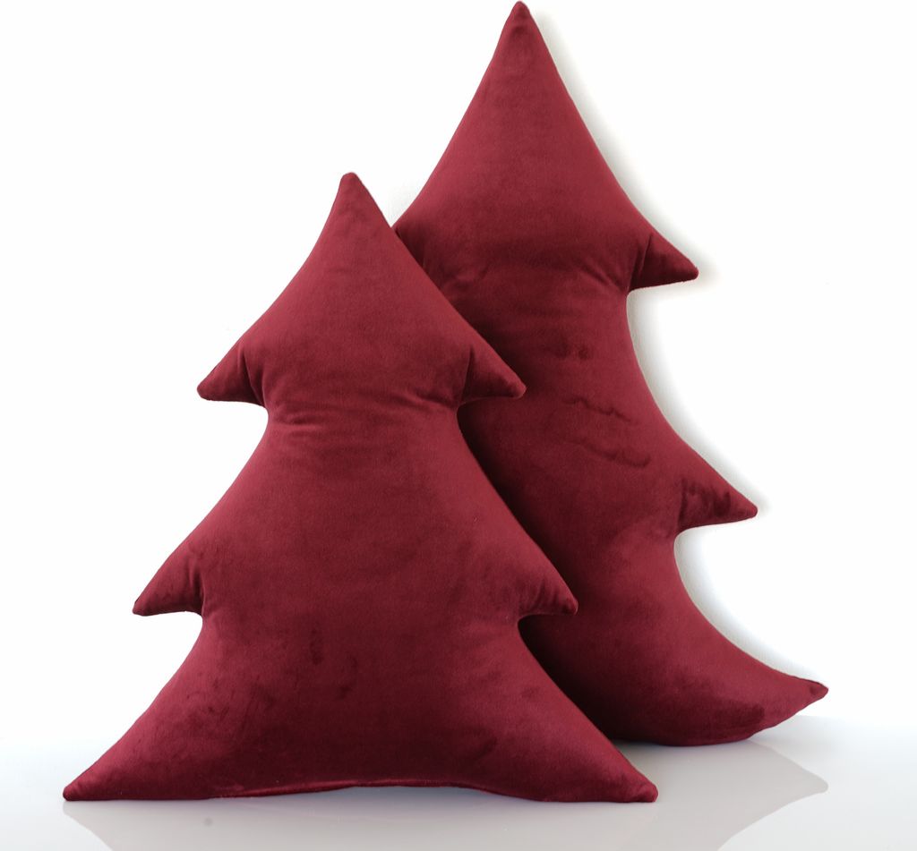 Set dekorativer Samtkissen in Form eines Weihnachtsbaums, kirschfarben, Größe M + L