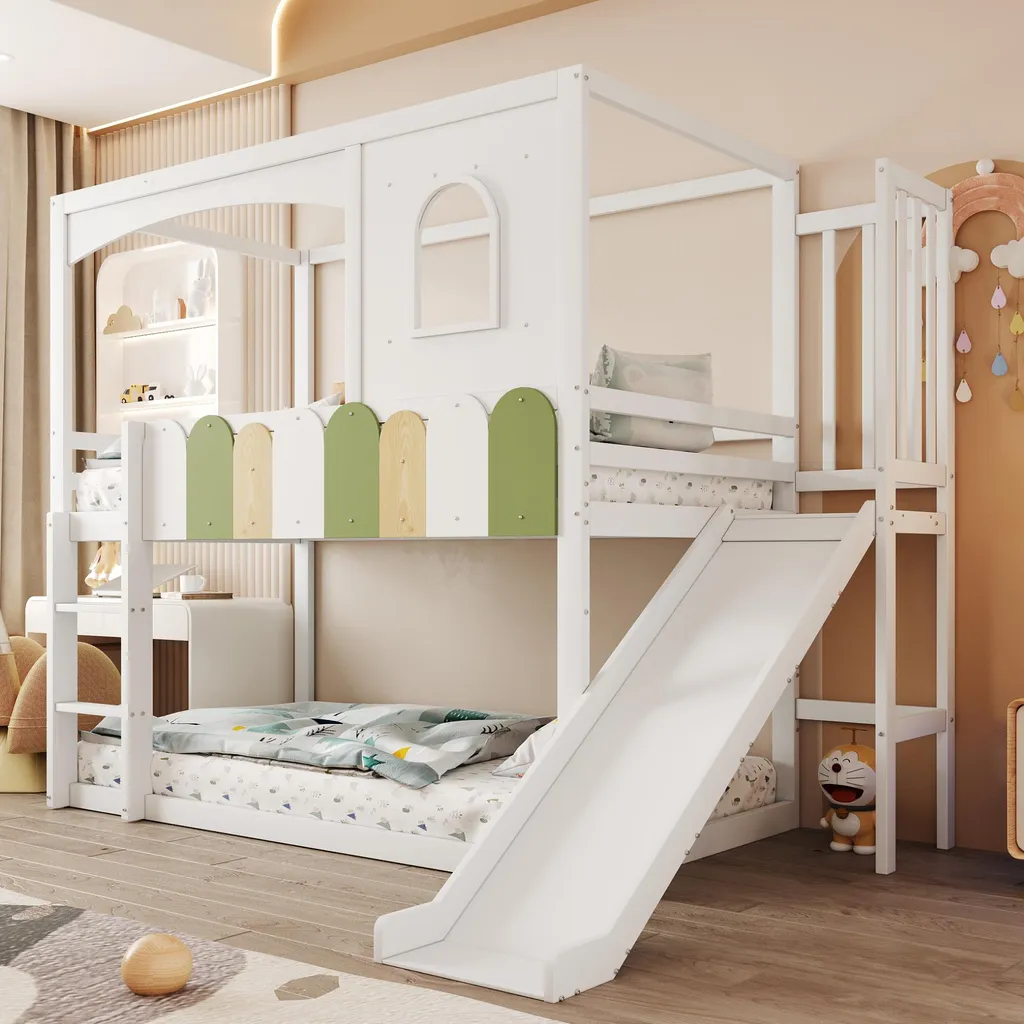 OKWISH Lit Superposé Enfant 90x200 Blanc avec Toboggan et Cadre Maison
