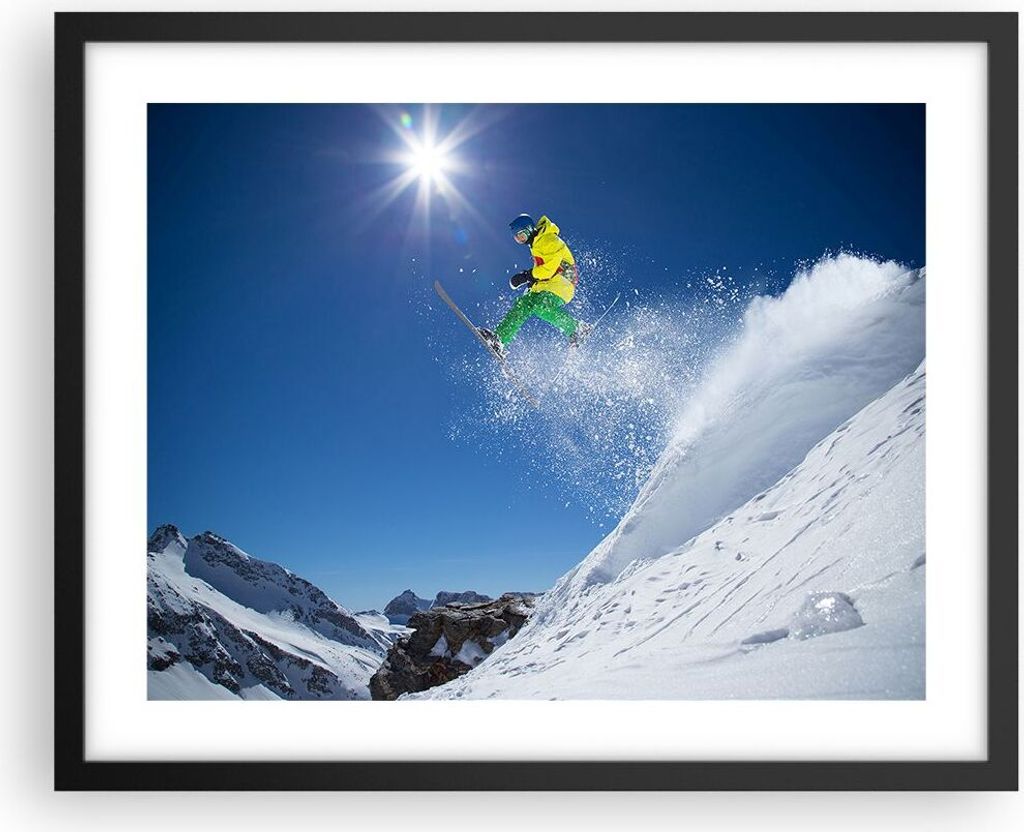 Gerahmtes Poster - Schwarzer Rahmen - Ski Winter Schnee Berg - 50x40 cm - Wand Bild - Wanddeko - Wandbilder - Kunstposter - Wandposter - Bilderrahm...