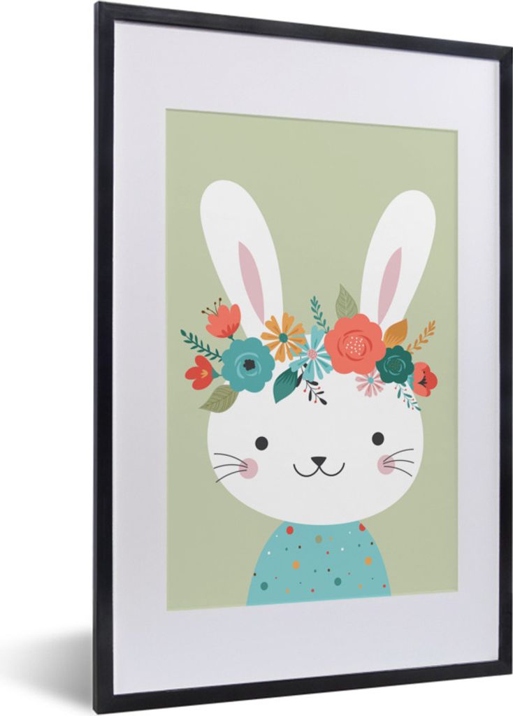MuchoWow Gerahmtes Poster Kaninchen - Blumen - Tupfen 40x60 cm - Poster mit Schwarzem Bilderrahmen Wandposter Rahmen Foto Bilder - Poster in Rahmen
