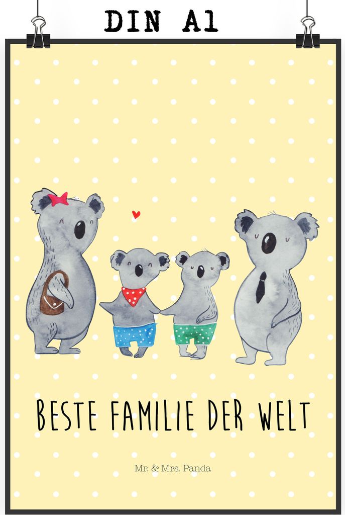 Mr. & Mrs. Panda Bild Koala Familie zwei DIN A1 - Gelb Pastell - Geschenk, Wandbild, Zusammen, wanddeko, drucke, Plakat, Muttertag, Koalabär, Kuns...