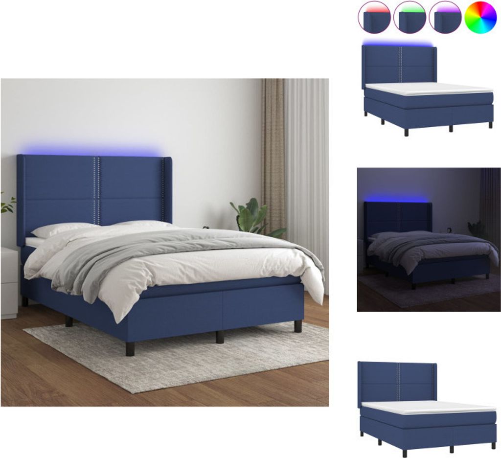 vidaXL Boxspringbett mit Matratze & LED Blau 140x200 cm Stoff - Betten & Bettgestelle