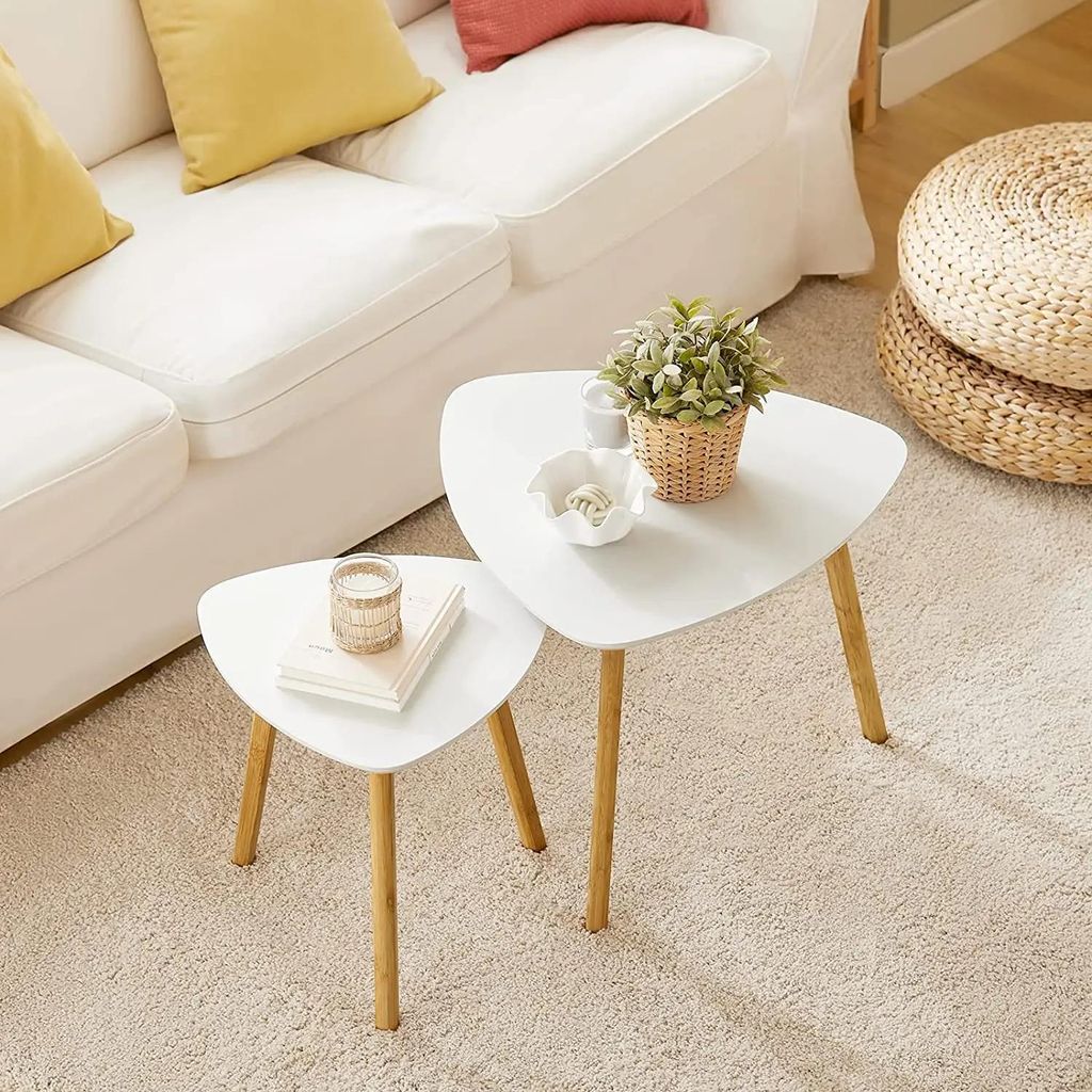 2er Set Couchtisch und Beistelltisch - Wohnzimmertisch - Dreieckige Form - Holz - Minimalistisch modern - Ohne Rollen - Weiß