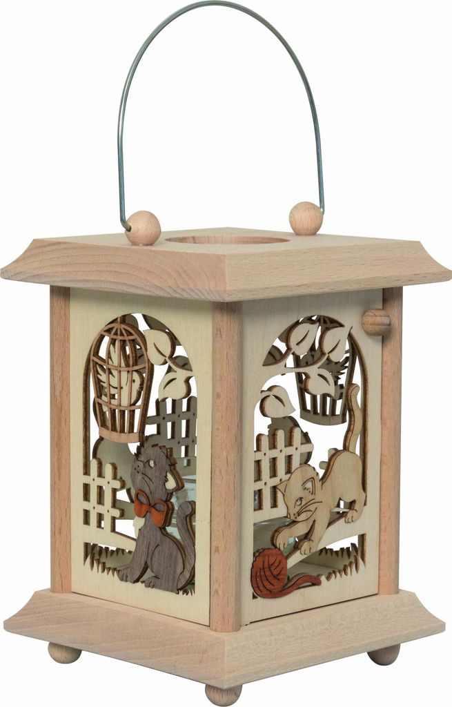 Drechslerei Kuhnert - Tischleuchter Laterne Motiv Katze - Maße ca. 11,5 x 11,5 x 17cm - 27034