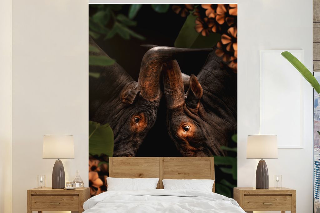 MuchoWow Fototapete für Wohnzimmer oder Schlafzimmer Wandtapete Vinyl Motivtapete Dschungel - Blumen - Kuh - Pflanzen - 180x280 cm - Wallpaper