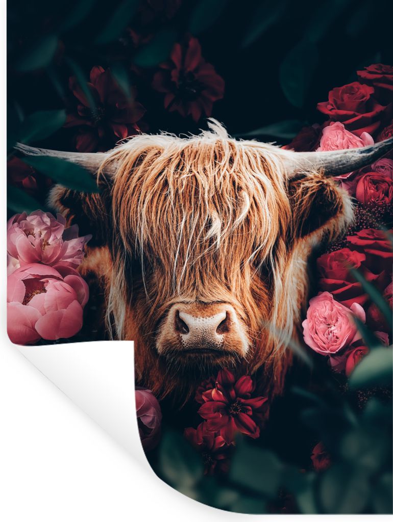 MuchoWow Wandtattoo Wandsticker Wandaufkleber Kuh - Schottischer Highlander - Blumen - Botanisch 30x40 cm Selbstklebend und Repositionierbar - St...