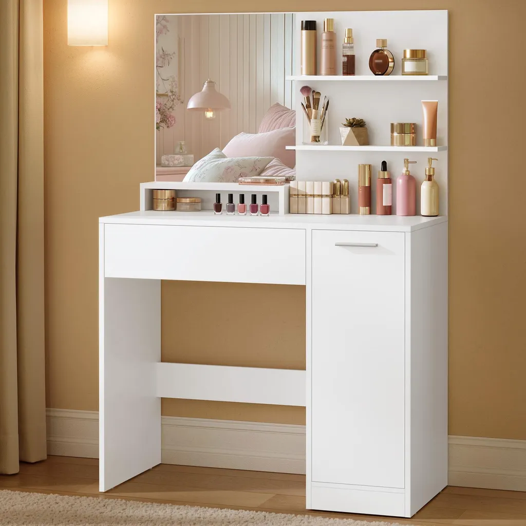 Table de Maquillage avec Miroir Coiffeuse Blanche pour Routine de Soins - 12