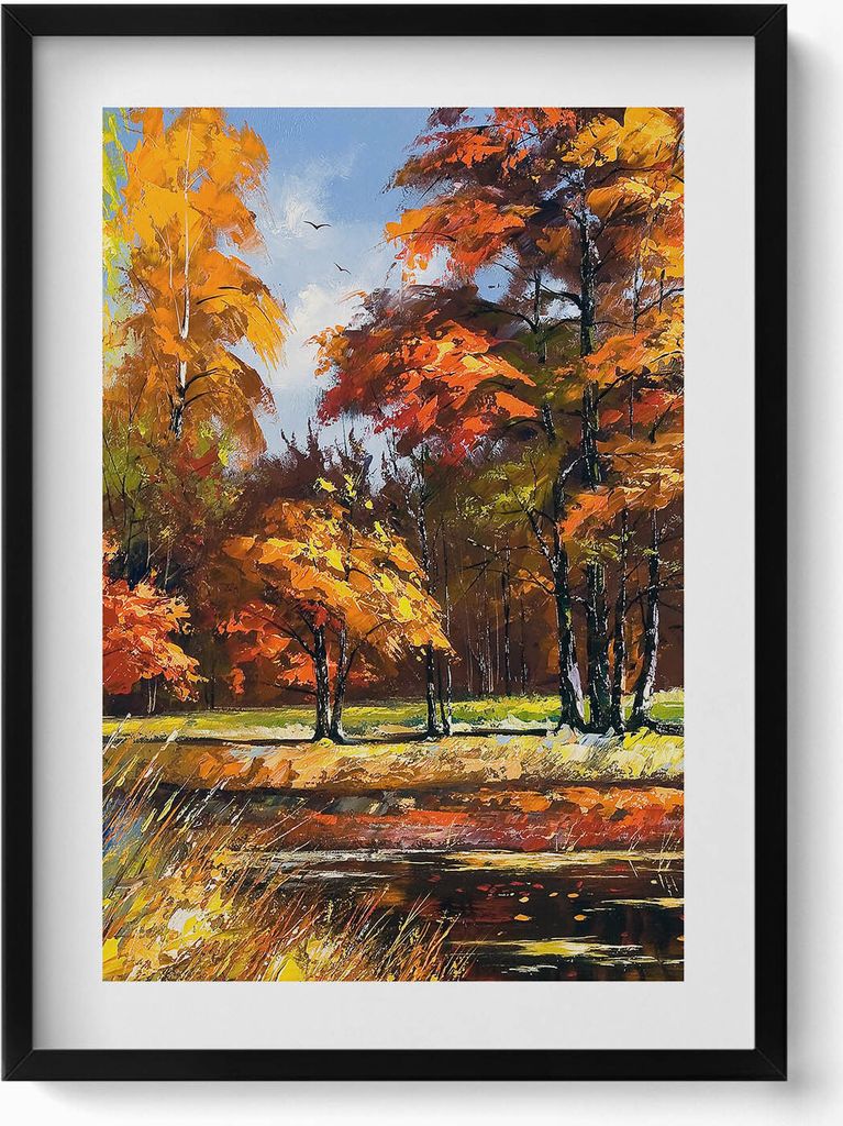 Gemalter Herbst und Fluss– Wandbild mit Rahmen – Gerahmtes Bild – Wanddekoration – 50x70 cm – Schwarz Rahmen