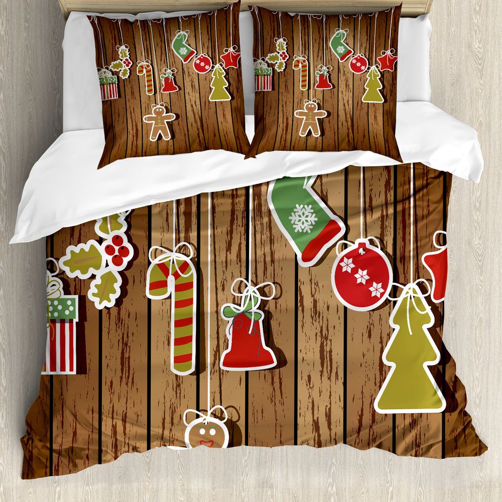 ABAKUHAUS Weihnachten Bettbezugs Set Für Doppelbetten, Holzmuster, Milbensicher Allergiker geeignet mit Kissenbezügen, Braun Rot