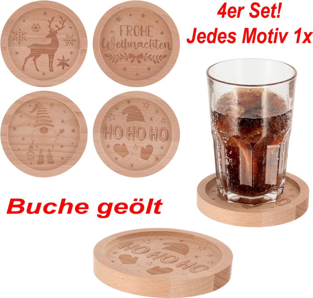 Untersetzer Glasuntersetzer Holz Buche Natur Geölt 4er Set Weihnachten