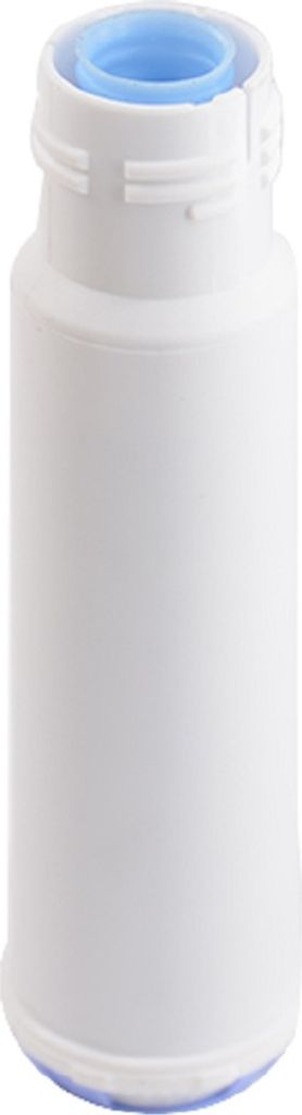 A white water filter cartridge with a blue cap.