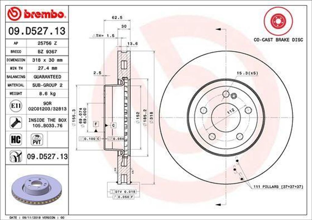 BREMBO 09.D527.13 Bremsscheibe OE 0004212612 kompatibel mit C-Klasse