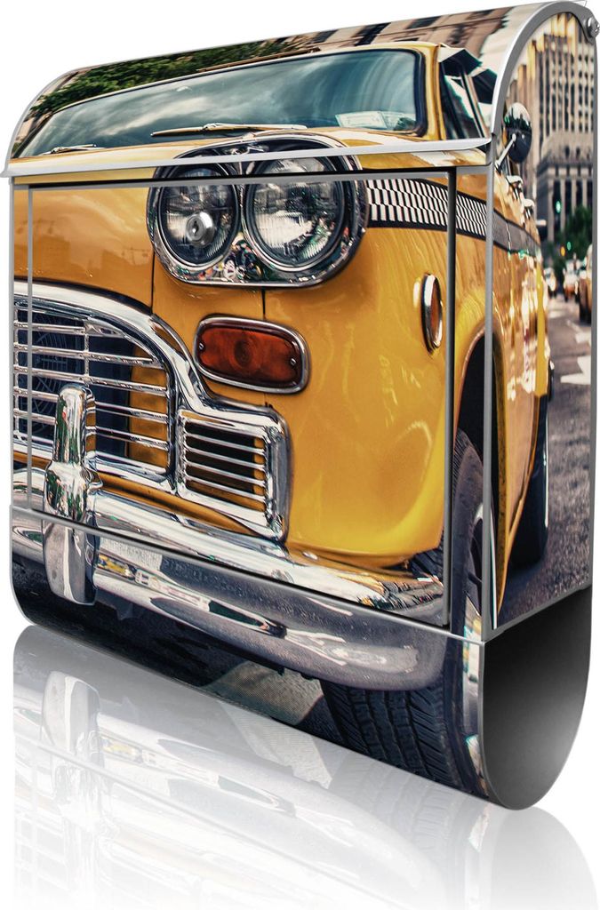 banjado Design Briefkasten Stahl silber mit Zeitungsfach pulverbeschichtet "Yellow Cab" 38x46x12,5cm & 2 Schlüssel - Postkasten A4 Einwurf inkl. M...