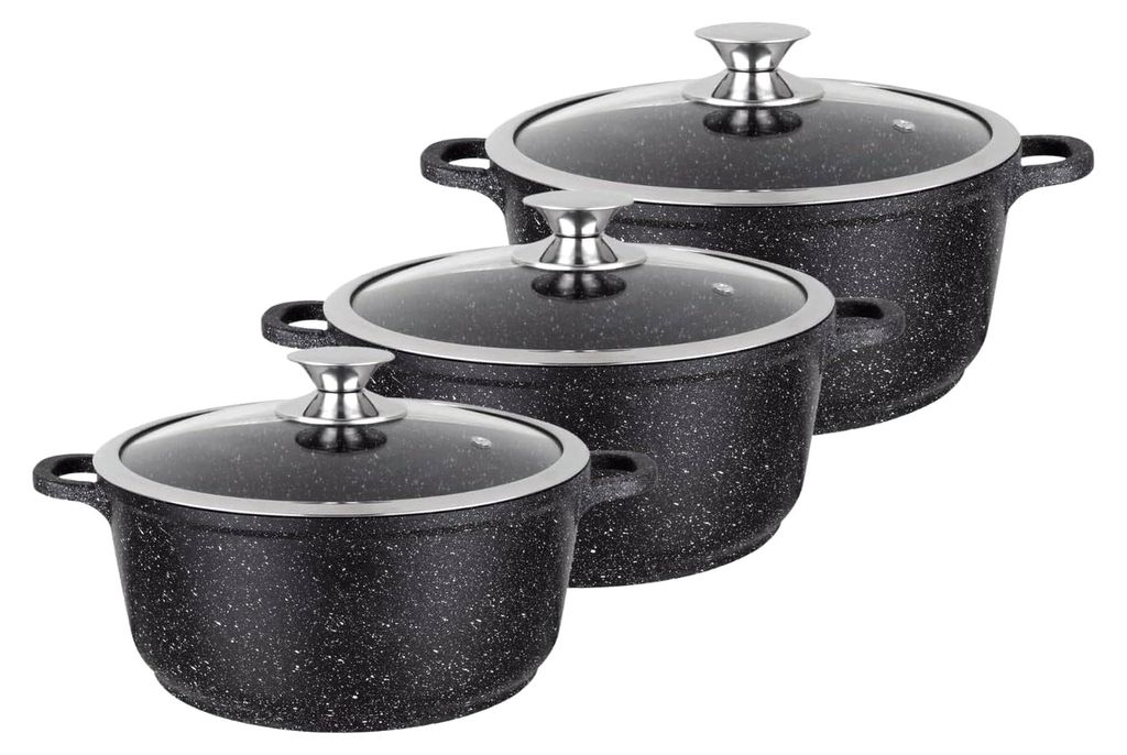 Kochtopf-Set, 3-teilig, 20/24/28 cm, Aluminiumguss, Steinoptik-Beschichtung, Glasdeckel, für alle Herdarten, auch Induktion, ohne PFOA, Schwarz