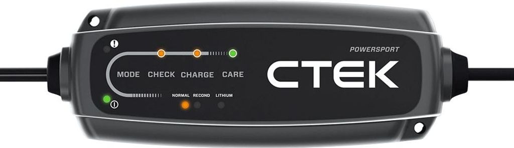 A CTEK CT5 Powersport battery charger is shown against a white background. The charger has indicator lights and text labels.