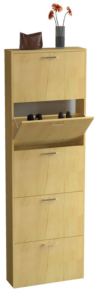 A tall, narrow shoe cabinet with multiple flip-down drawers and an open shelf, decorated with a small vase of flowers and a clutch bag on top.