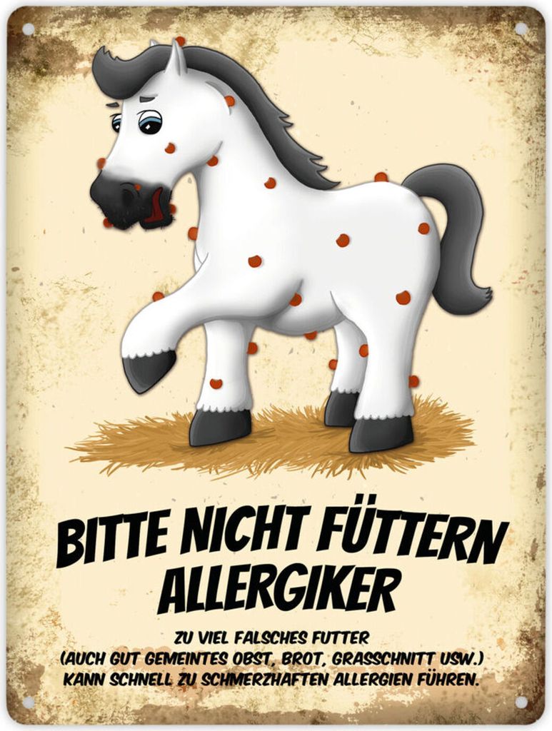 Metallschild XL mit weißem Pferd Motiv und Spruch: Bitte nicht füttern -