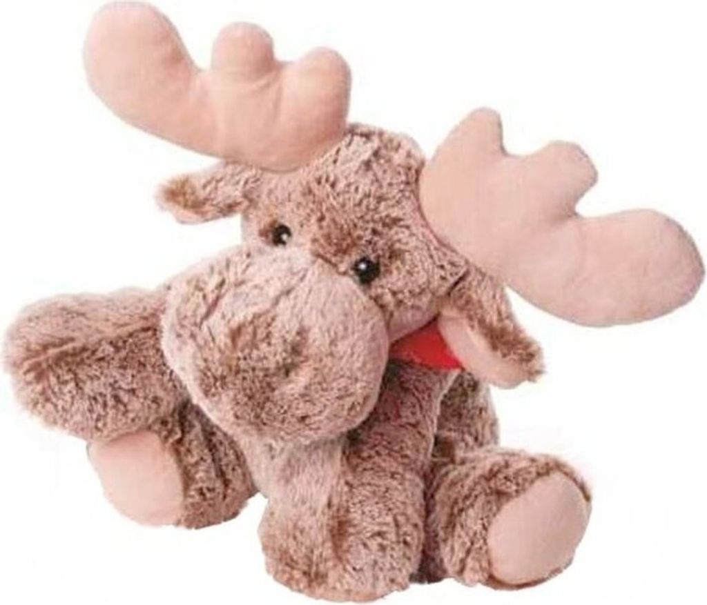 A plush toy moose sitting down.
